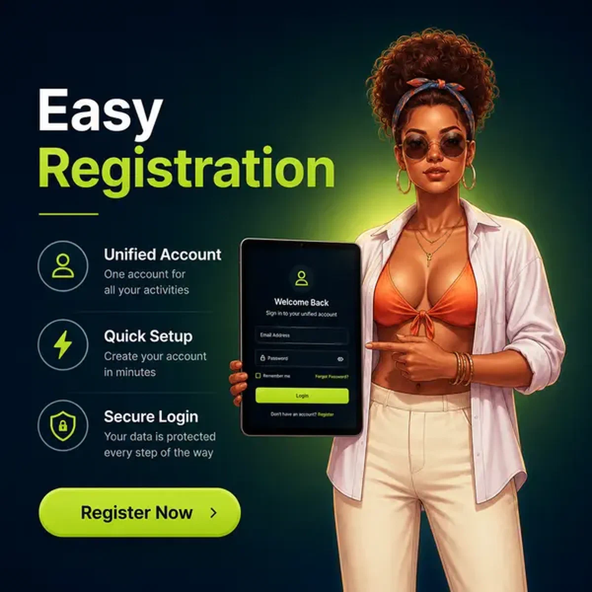 Gerente de resort orientando jogador a se cadastrar na interface de tablet do Gambloria