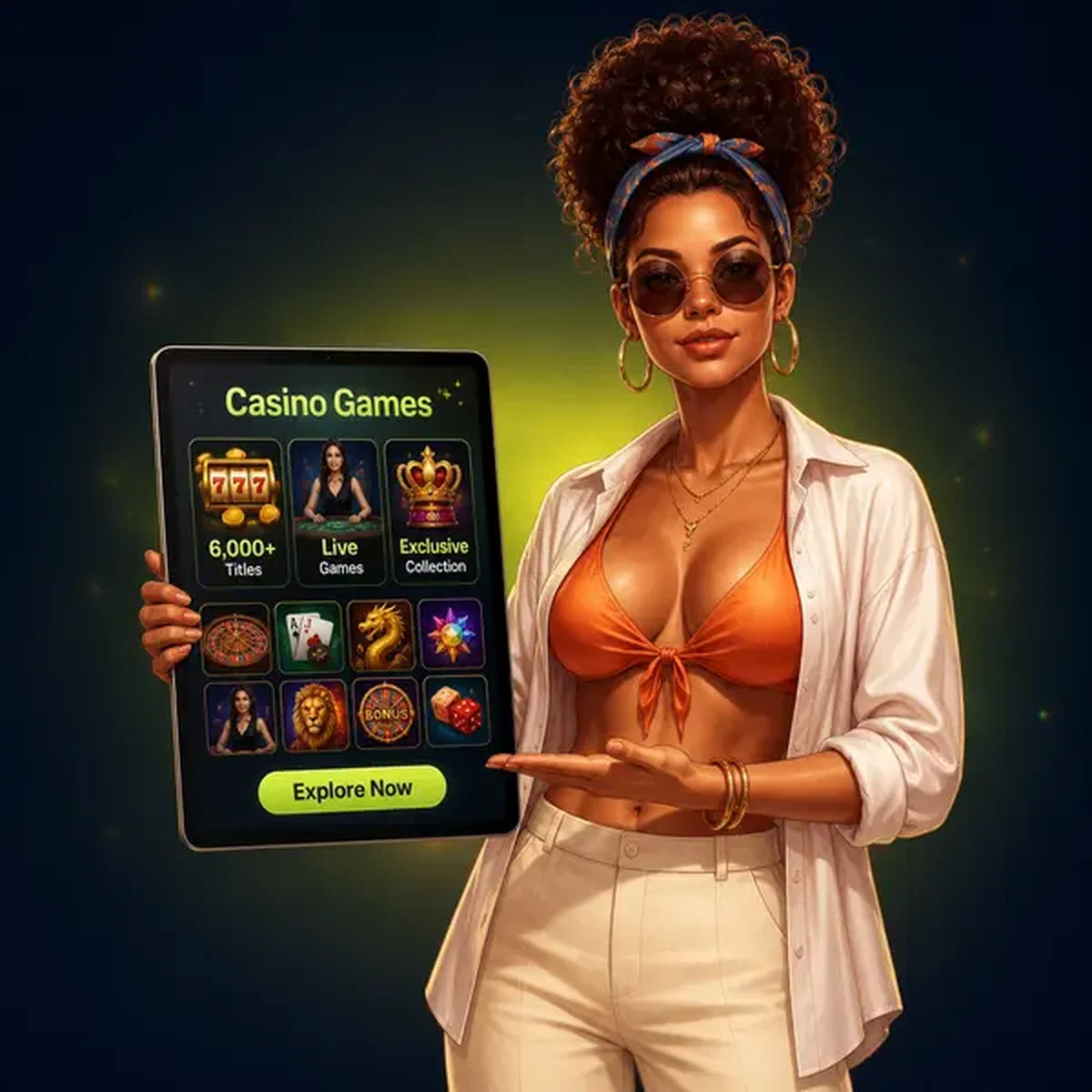 Gerente de resort apresentando 6.000+ jogos de casino em tablet no lobby de Jogos do Gambloria Casino